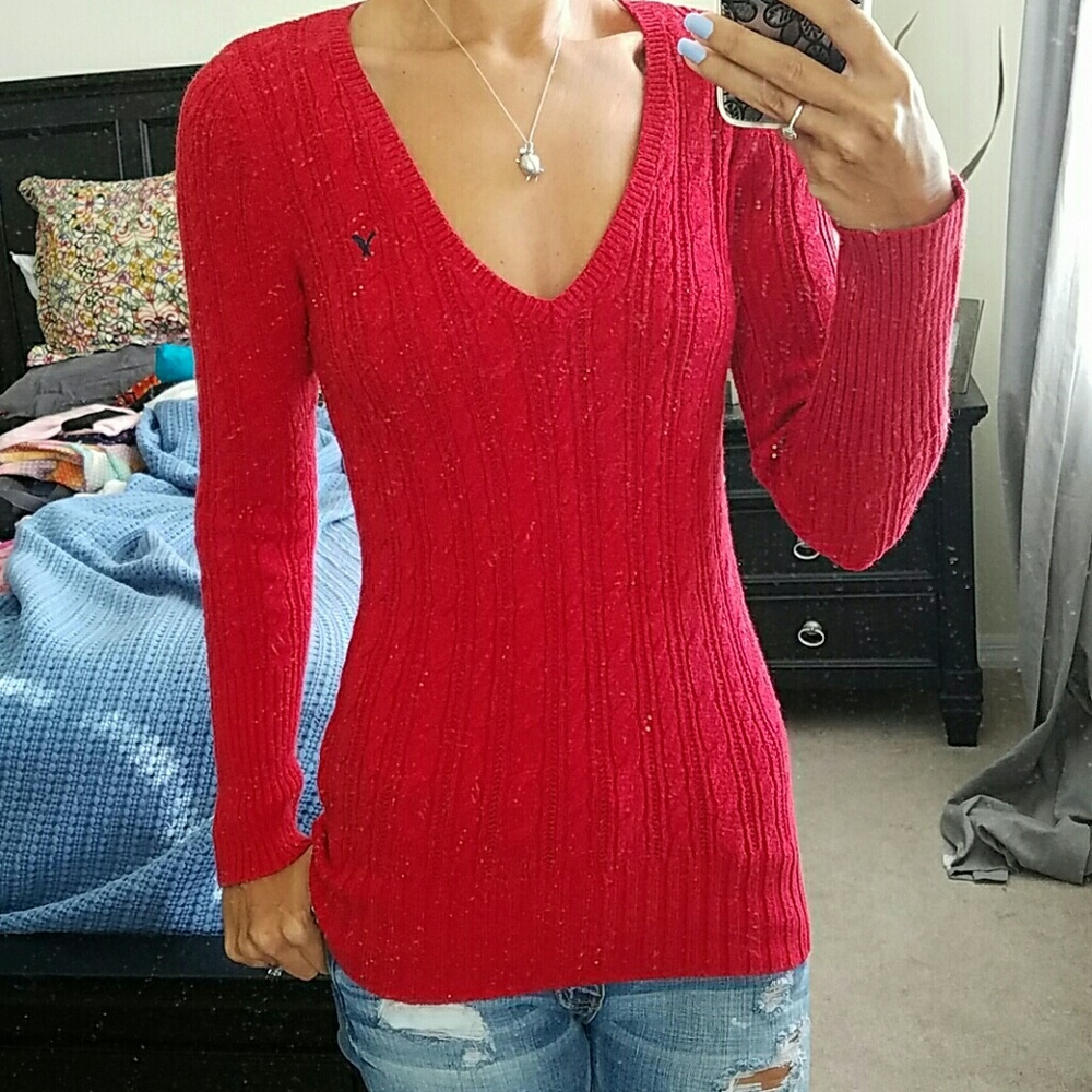 American Eagle Outfitters Red V-Neck Sweater